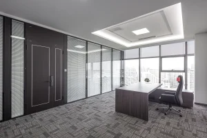 Double glazed glass partition with built-in blinds for executive office privacy