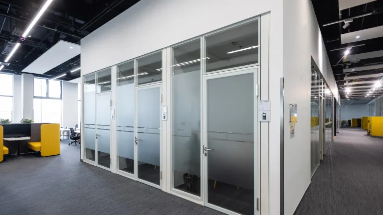 Aluminum framed glass partition phone booth pods with frosted privacy panels (BMW Brilliance Tiexi project)