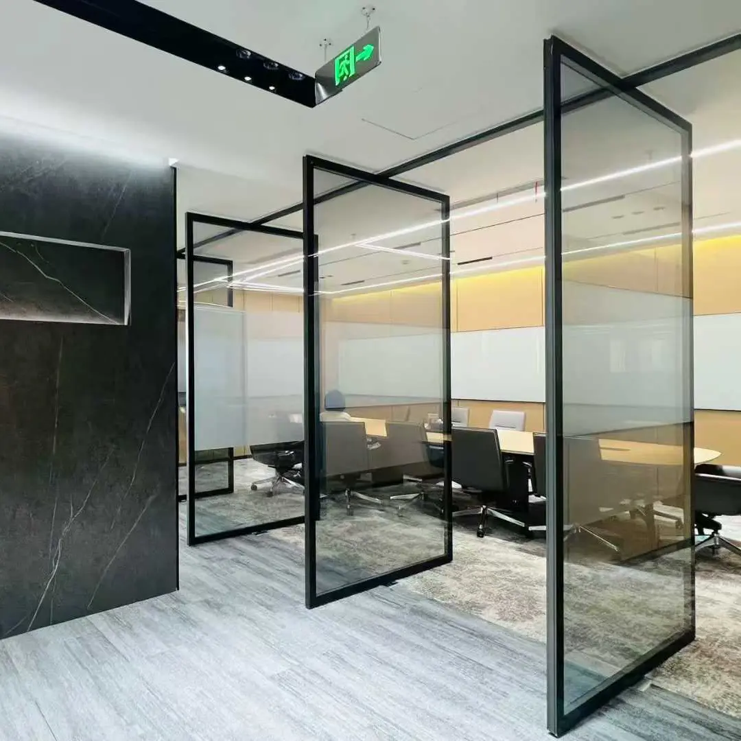 Automatic glass partition door system installation for commercial office