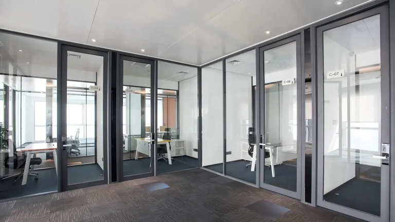 Glass door for modern office with frameless design and stainless steel handle
