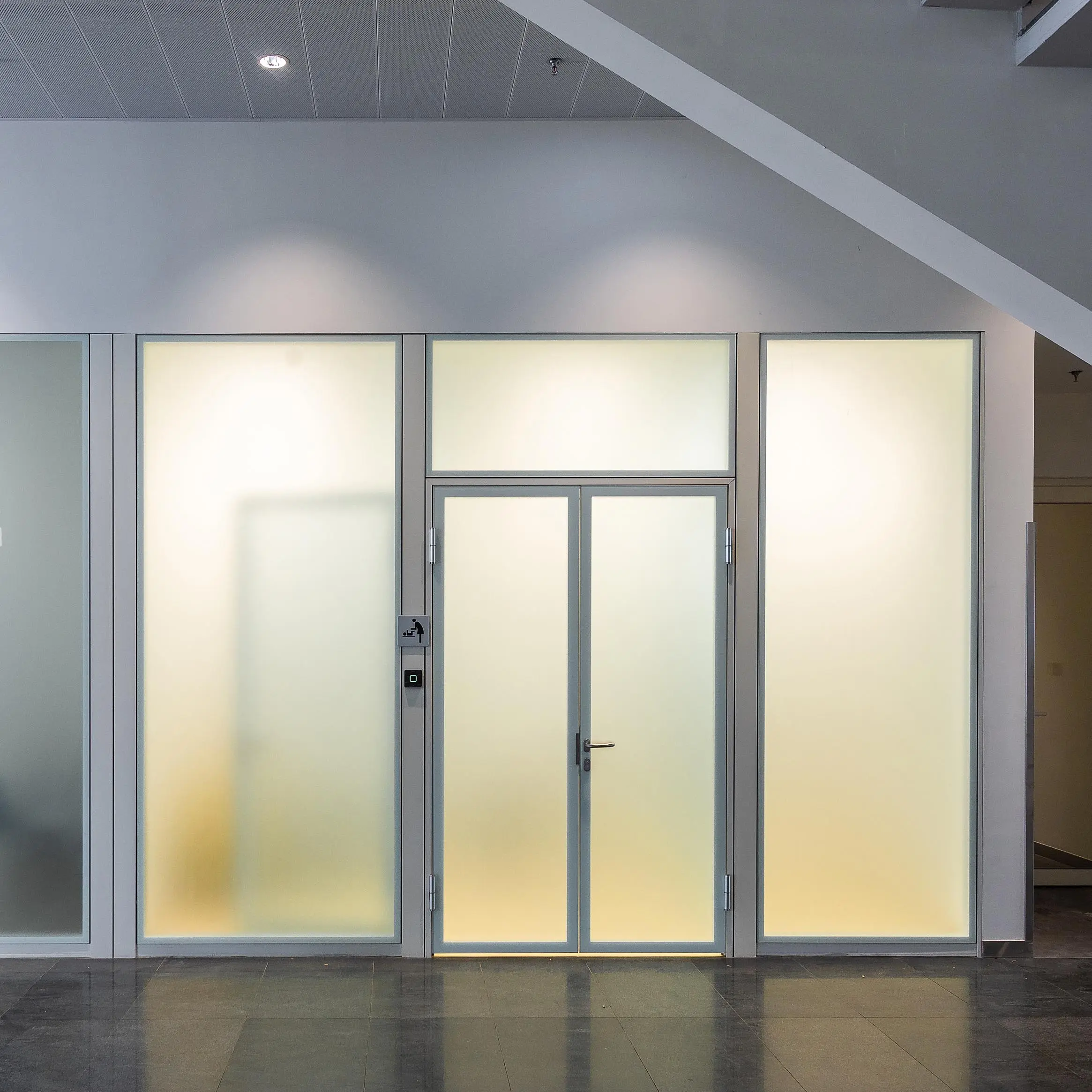 Invisible framed door in modern office corridor showing flush-mount design with concealed hinges and continuous wall surface — MS Office Systems