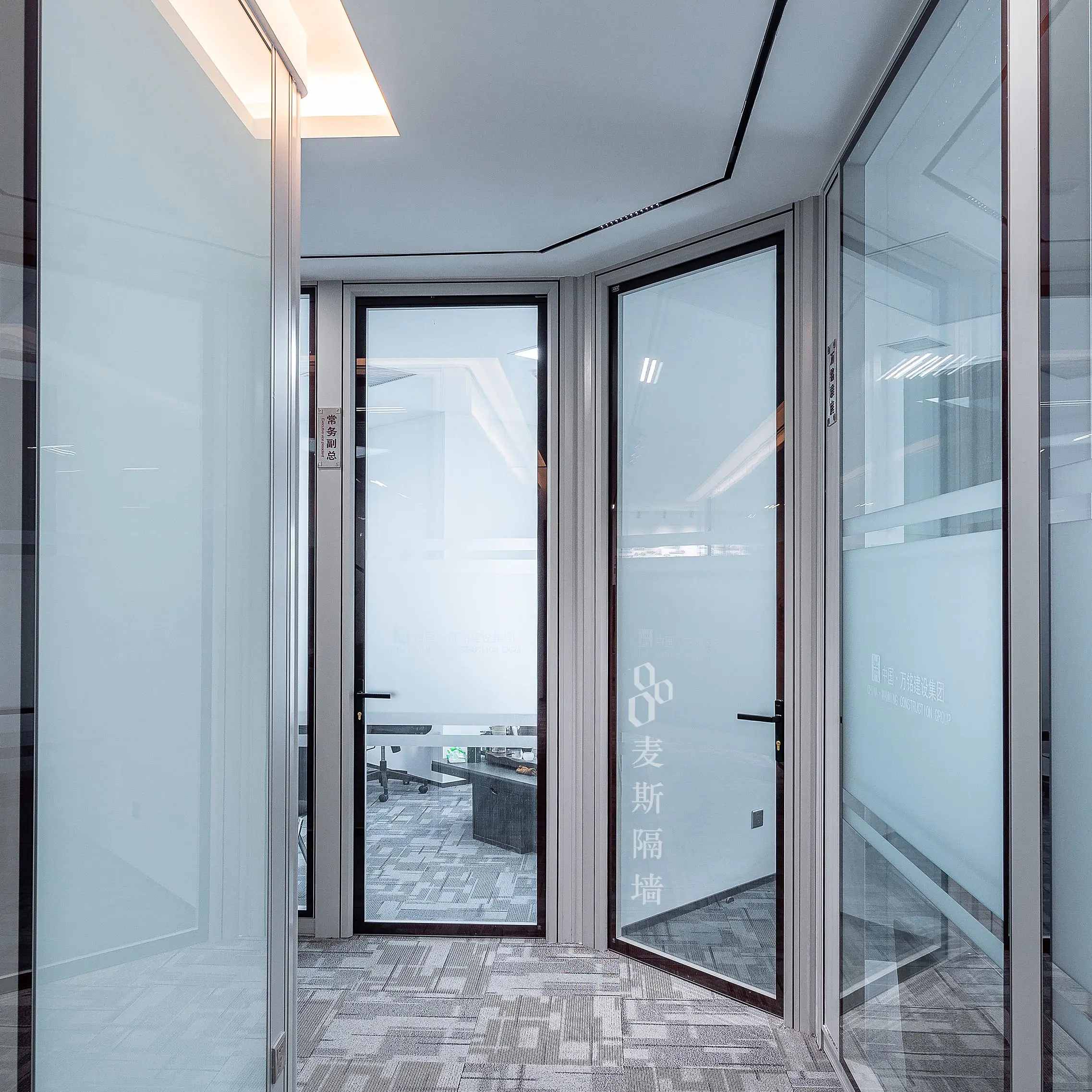 Invisible framed door installation in modern office showing seamless flush-mount frame integration into wall surface
