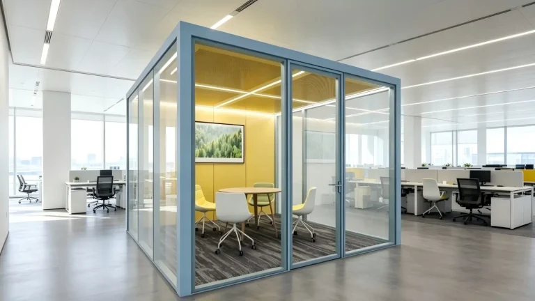 Mini Office 4-person meeting pod with blue aluminum frame and yellow interior, installed in open-plan office workspace