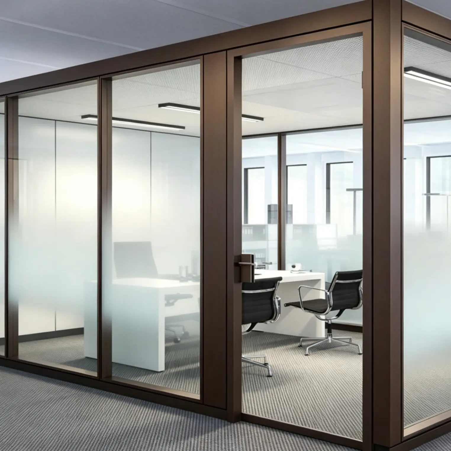 Coworking space partition Zone 1 private office suites with modular glass partition system for flexible workspace tenants