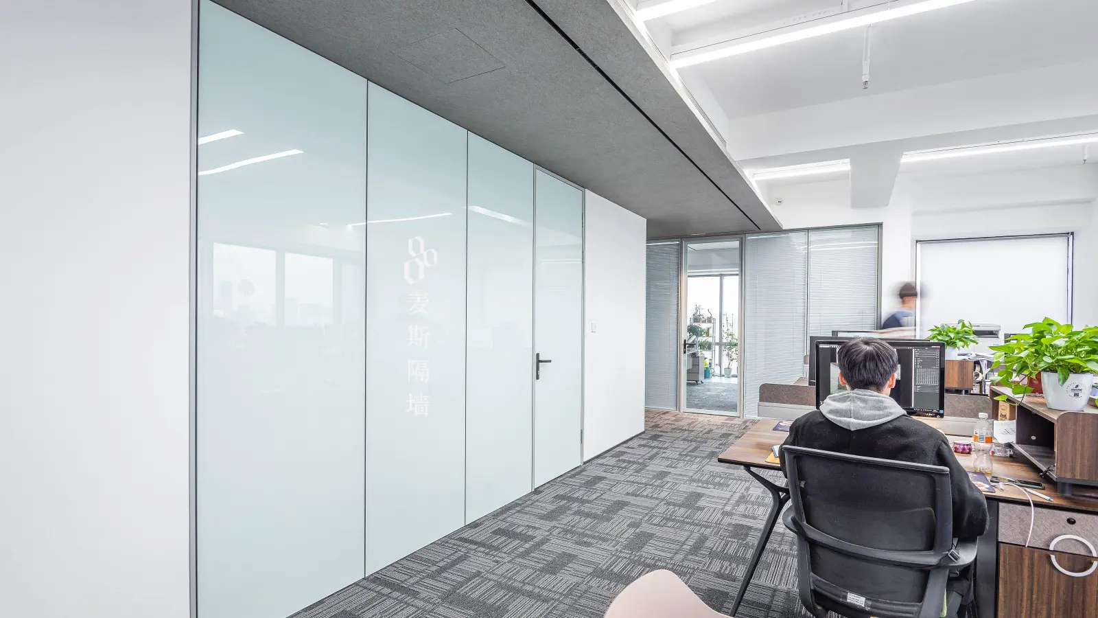 Paint glass partition system with custom RAL color back-painted glass as alternative to smart glass partition for permanent decorative privacy