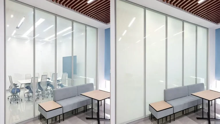 Smart glass partition showing same room in clear state (left) and frosted state (right) — PDLC switchable technology side-by-side comparison