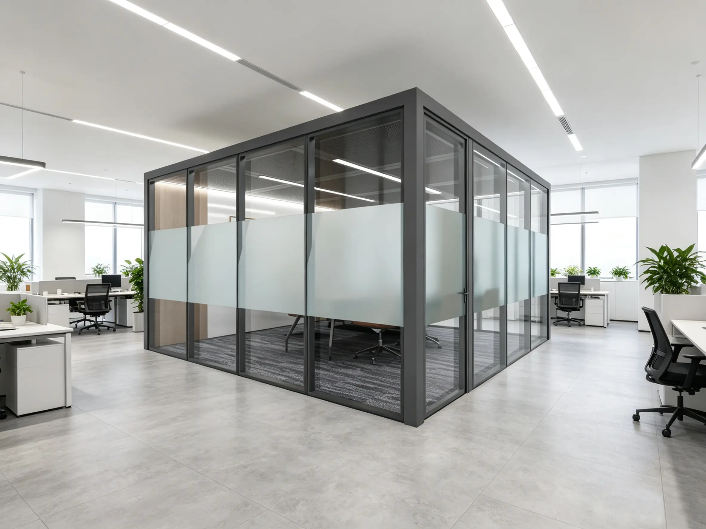 Coworking space partition Zone 2 enclosed meeting room with acoustic frosted glass configuration